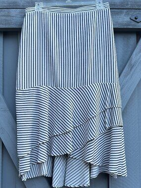 Ann Taylor Striped Ruffle Midi Skirt Size 4 White Black Asymmetrical Hem Lined
